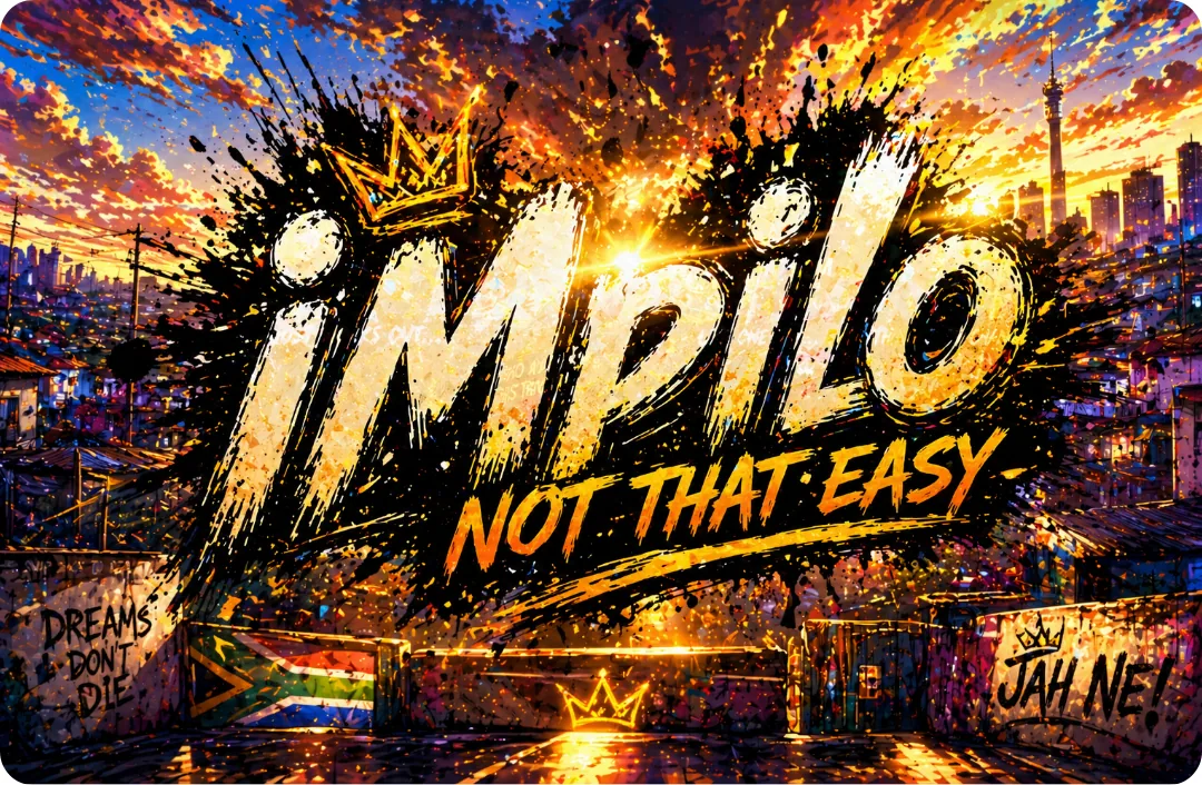 Key art for Impilo — Not That Easy: graffiti lettering over a Johannesburg skyline at sunset